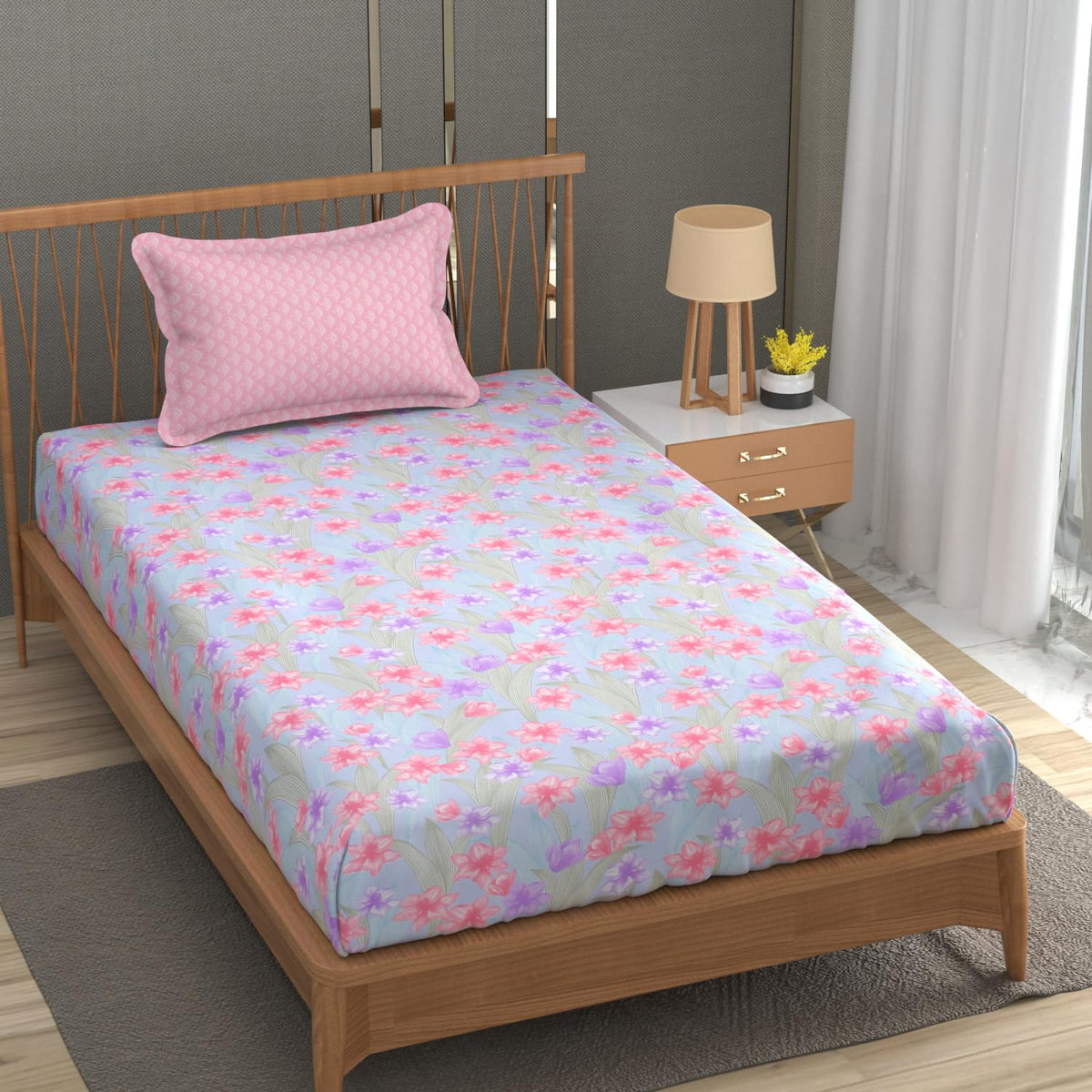 Soft Cotton Single Size Bedsheet With 1 Pillow Cover | 60 X 90 Inches, Blue & Pink | Anti-Fade Printed Design | 200 Thread Count