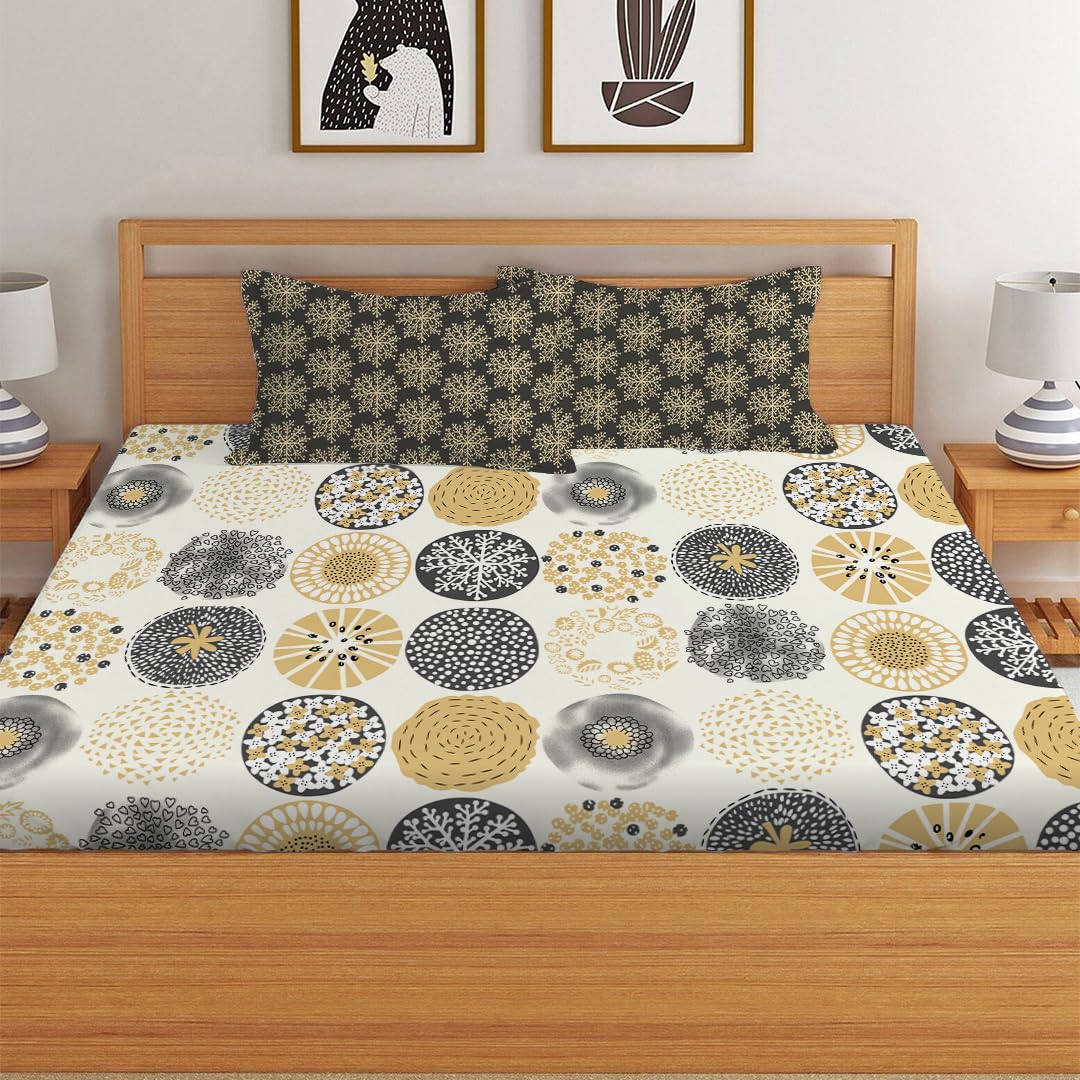 Elastic Fitted Printed King Size Double Bed Bedsheet With 2 Pillow Covers | 72 X 78 X 10 Inches, Beige & Black | Super Soft Premium Brushed Glace Cotton Material