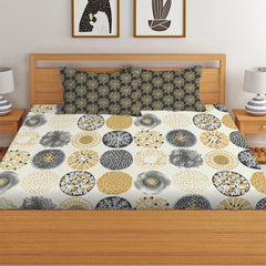 Elastic Fitted Printed King Size Double Bed Bedsheet With 2 Pillow Covers | 72 X 78 X 10 Inches, Beige & Black | Super Soft Premium Brushed Glace Cotton Material