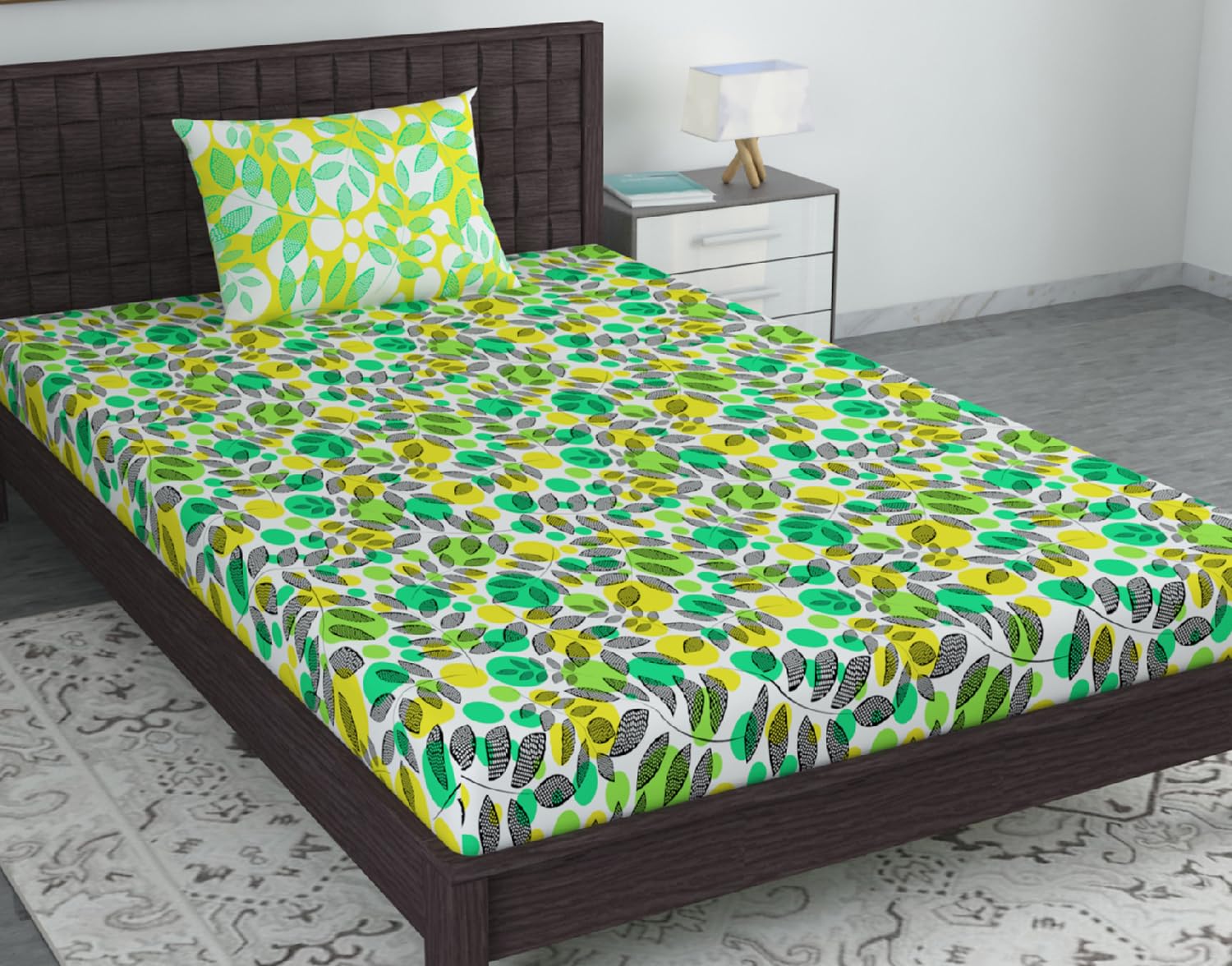Bedsheet For Single Size Bed With 1 Pillow Cover - 57 X 87 Inches, Green & Yellow | Gifts For Wedding Or Anniversary, Surprise, Soft, Breathable, & Comfortable Bedsheet