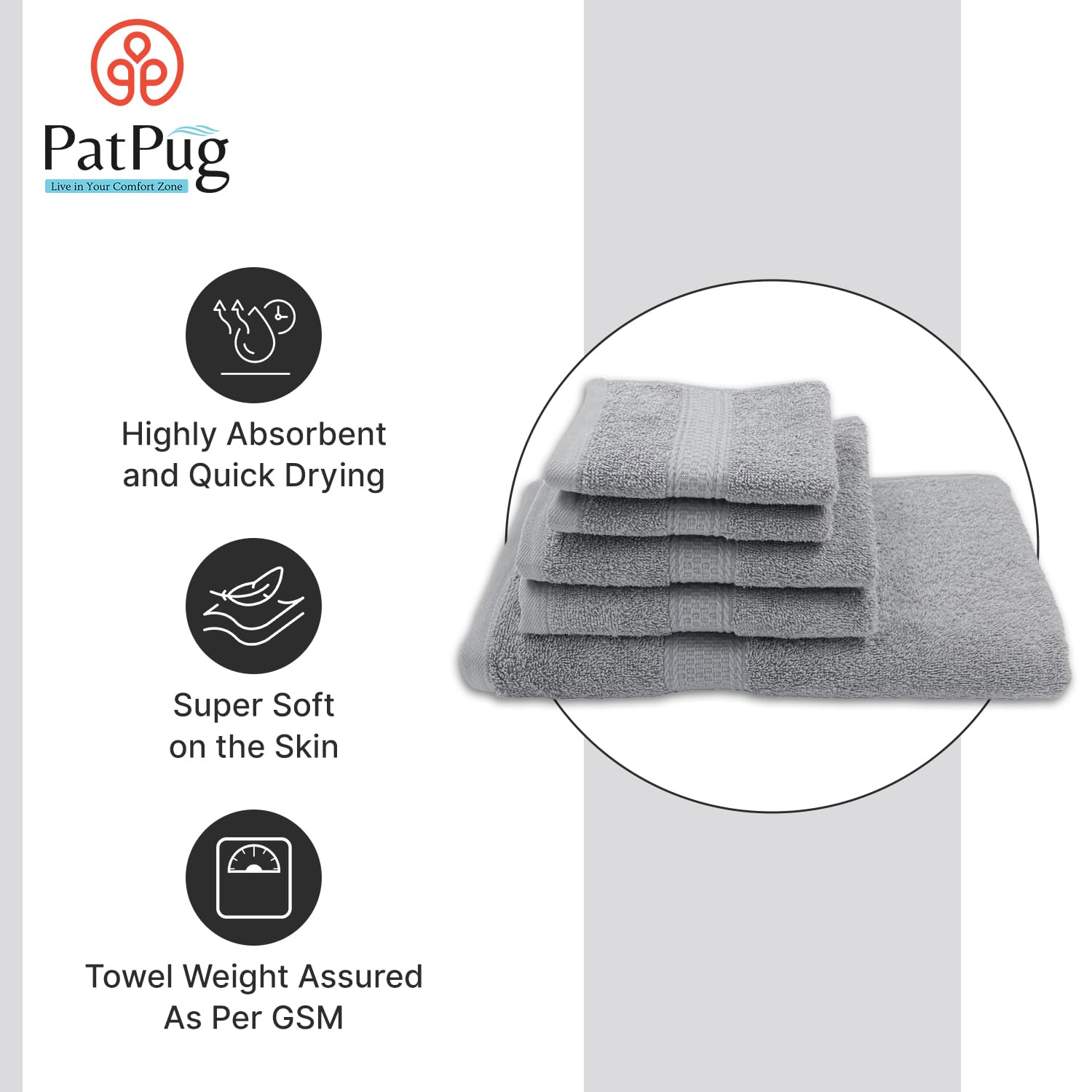Patpug 100% Indian Cotton Plush Towel Set 1200 Gsm | Highly Absorbent, Fade Resistant, Quick Drying (Silver Grey) - 5 Piece