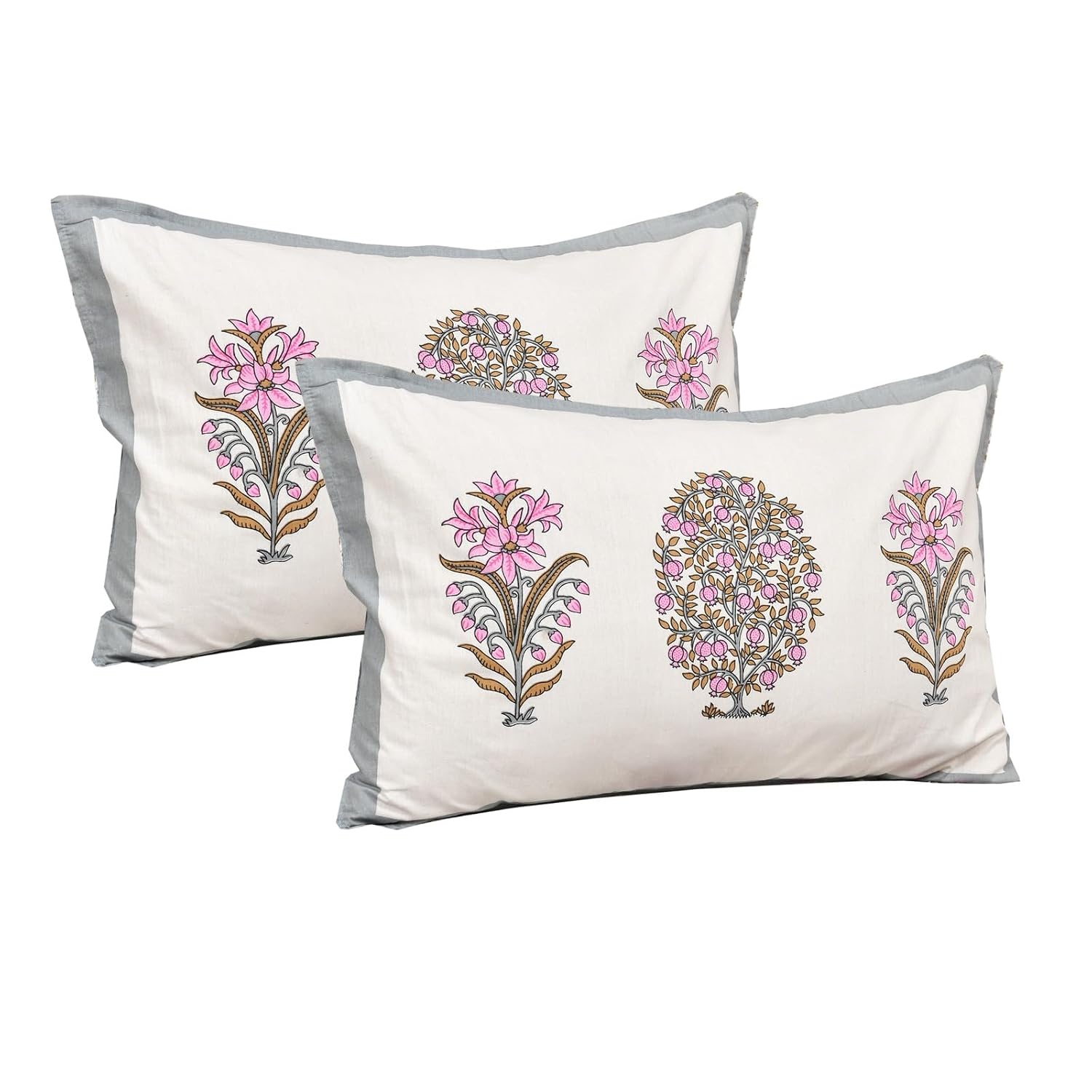 Bedsheet For Queen Bed With 2 Pillow Covers - 90 X 108 Inches, Cream & Pink | Pure Cotton Traditional Jaipuri Printed | Ideal For Both Everyday Use & Special Events