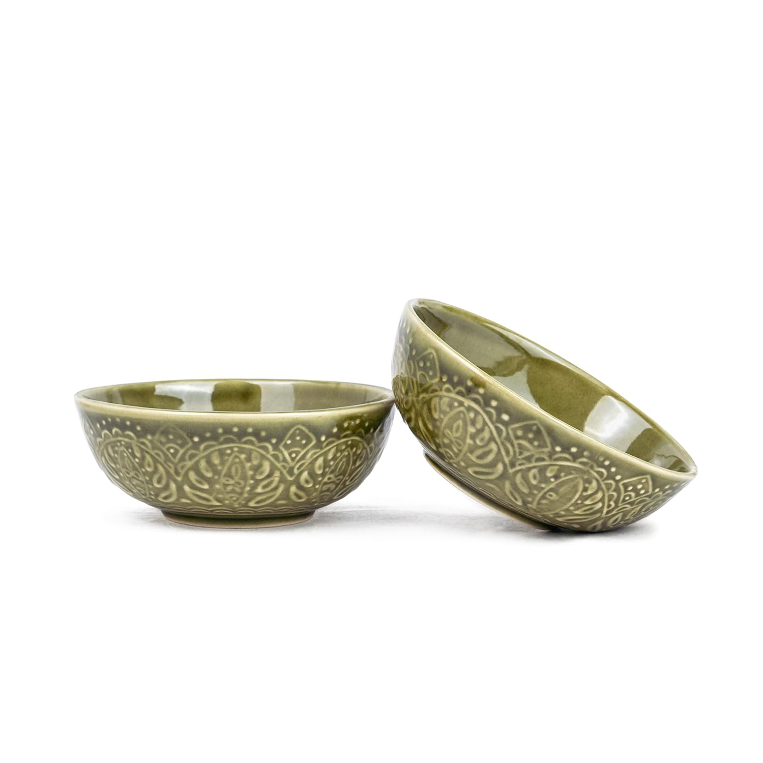 Ceramic Carving Medium Serving Bowls Set Of 2 Pcs - 630ml Each, Mehndi Green Carving | Premium Ceramic Bowls - Medium Size | Microwave Safe Bowls - Bowl Sets With Glossy Finish | Ceramic Bowl