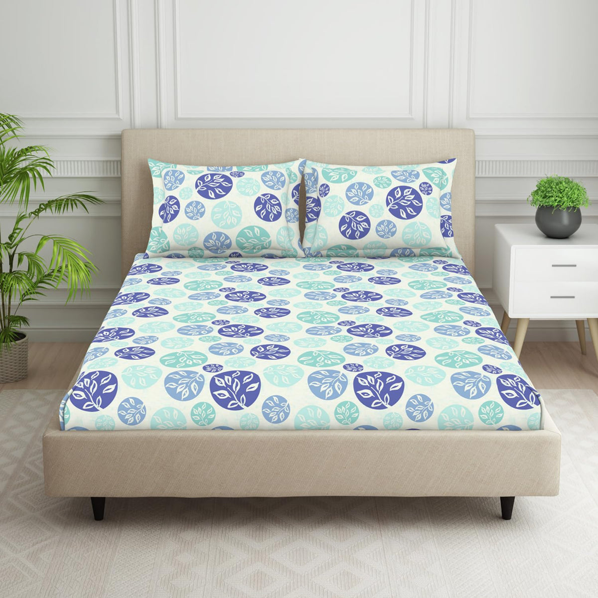 King Size Double Bedsheet 2 Matching Pillow Cover - 108 X 108 Inches, White & Blue | Durable & Long Lasting Wrinkle Resistant Fabric - All Season Comfort