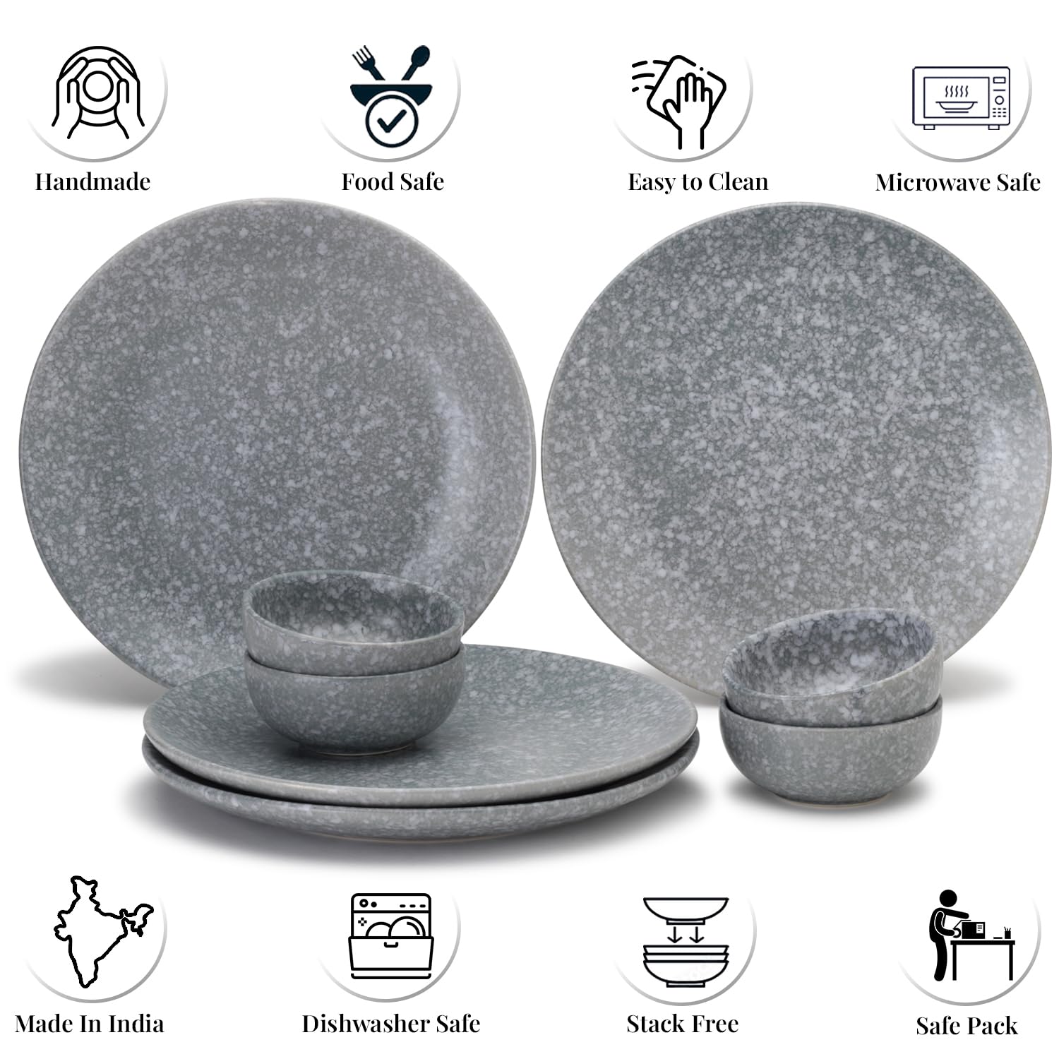 Handcrafted Ceramic Serving Dinner Set Of 4 - Ceramic Pack Of 8 Pcs, Silver Grey | 4 Dinner Plates + 4 Bowl Or Katori, 160ml Each - Microwave & Dishwasher Safe | Serving For 4