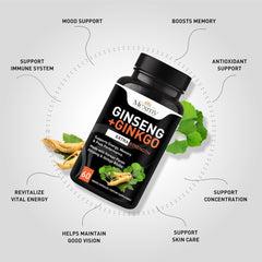 Mexmy Feel Eighteen Triple Korean Panax Ginseng + Ginkgo Biloba Supplement Capsules For Energy, Memory & Peak Performance | Cognitive Support, Mental Clarity & Stamina | 60 Capsules 100gm 0.2lbs