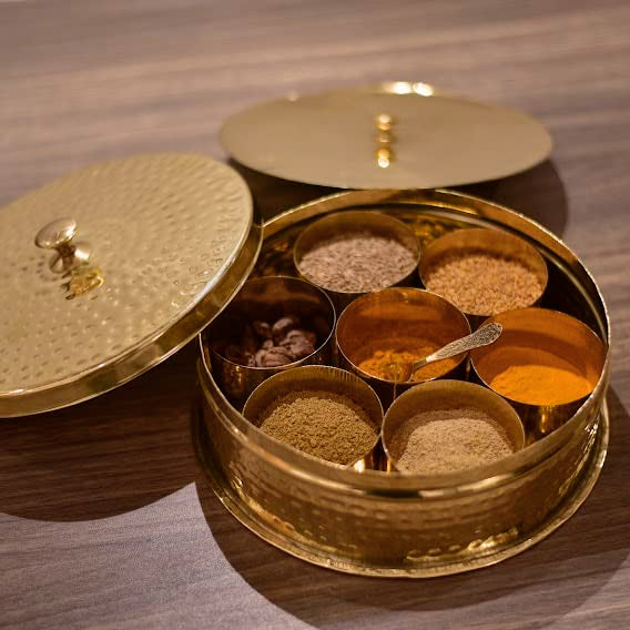 Golden Brass Masala Box - Masala Dani - Spice Box Set For Kitchen - Spice Storage Organizer - Masala Dabba | Non-Toxic