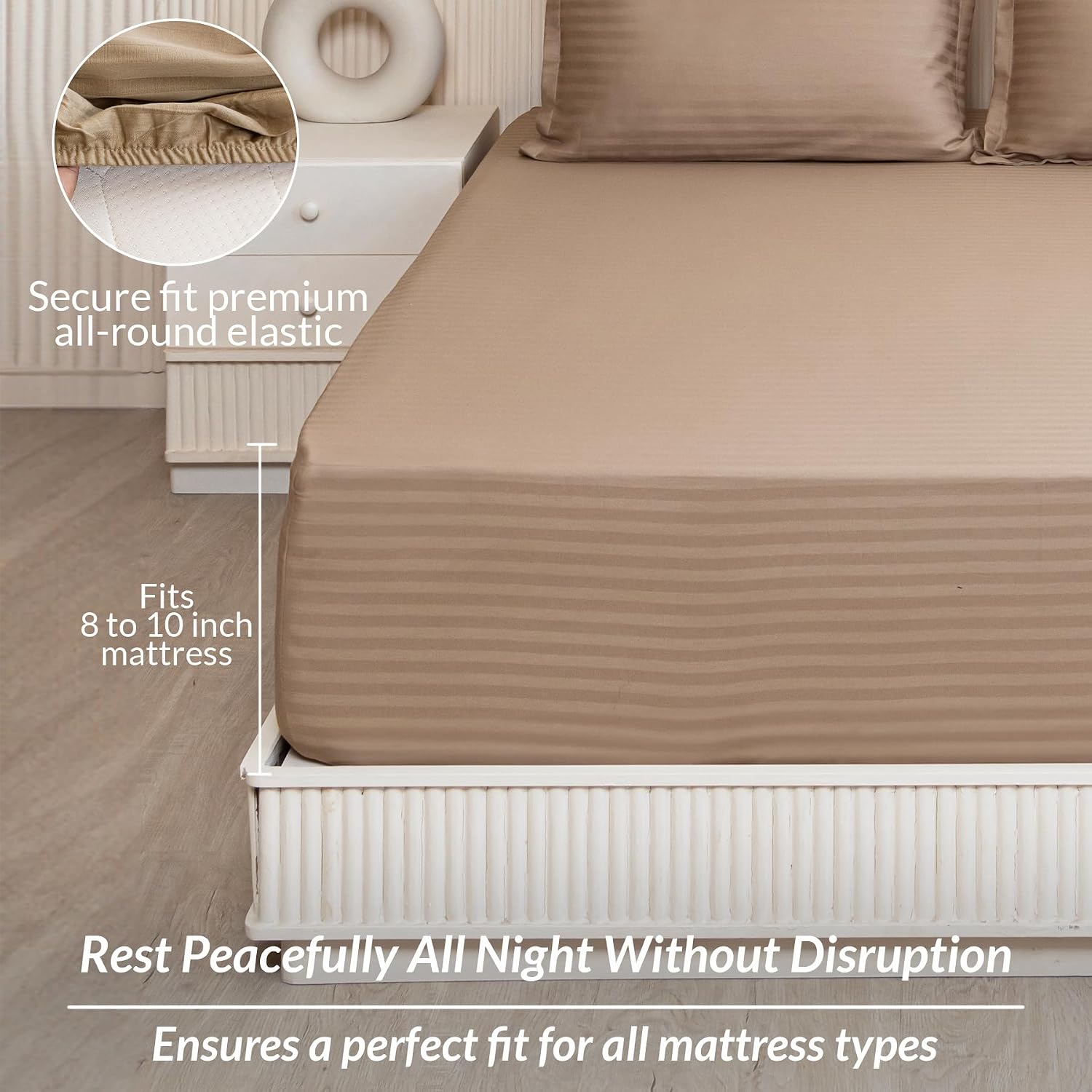 210 TC Cotton Double Bed Fitted Bedsheets With 2 Pillow Cases - 78 X 72 Inches, Taupe | Satin Stripes Wrinkle Free | Comfortable Fabric Bedsheet