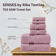 Senses By Riba Cotton Towel Bath, Hand & Wash 703 Gsm | All Cotton Zero Twist Premium Hotel & Spa Quality Highly Absorbent | Pack Of 6 (Mauve)