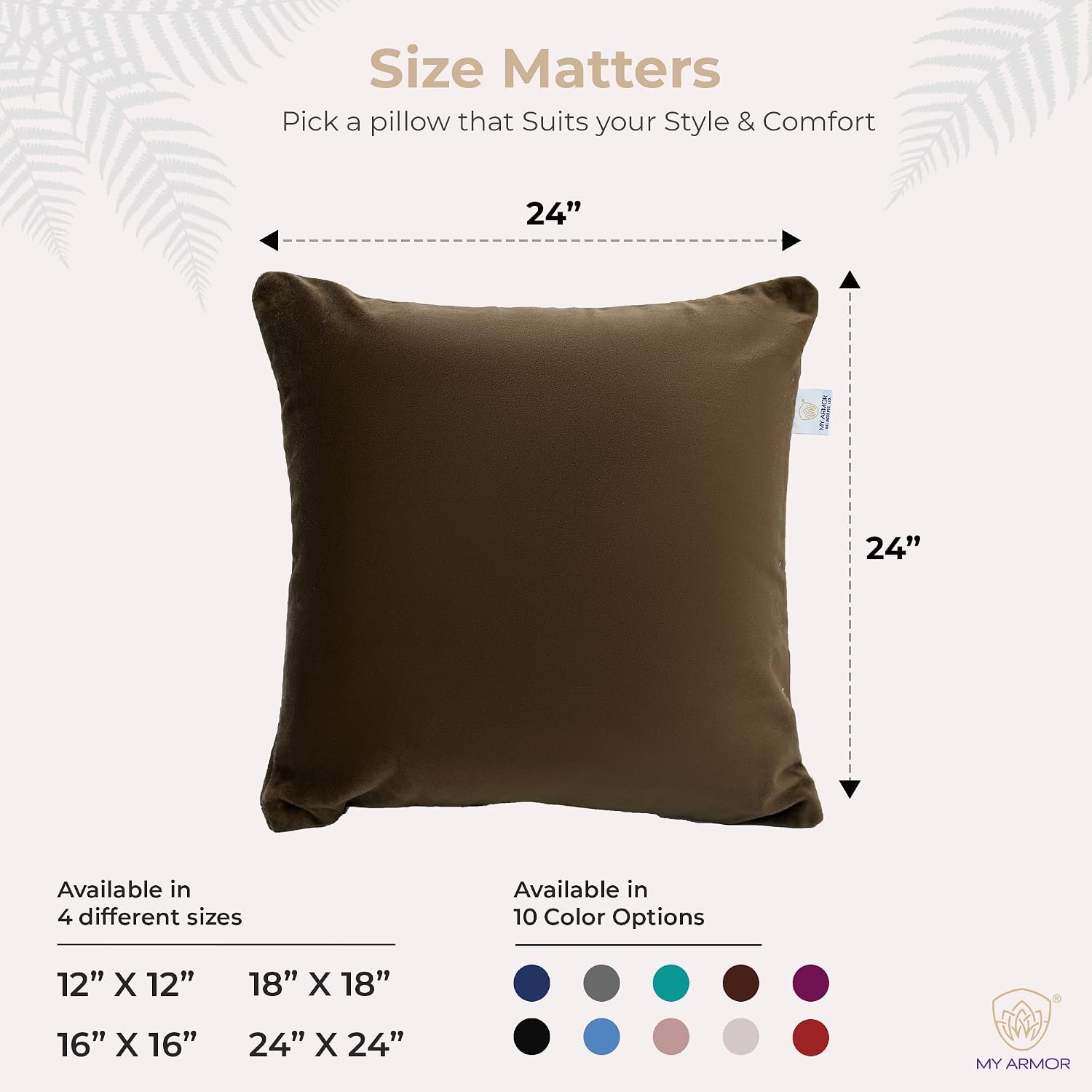 Microfiber Square Soft Pillow Cushion For Sofa & Bed, Brown - 24 X 24 Inch | Fluffy Pillow For Comfort & Back Support | Hypoallergenic, Washable | Premium Velvet Cover With Zip - Pack Of 1