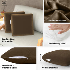 Memory Foam Square Cushion Pillow, For Car, Sofa & Diwan, Bed, Chair, Brown - 14 X 14 X 4 Inch | Highly Durable, Hypoallergenic, Adjustable, Velvet Cover, Multipurpose Use - Pack Of 2