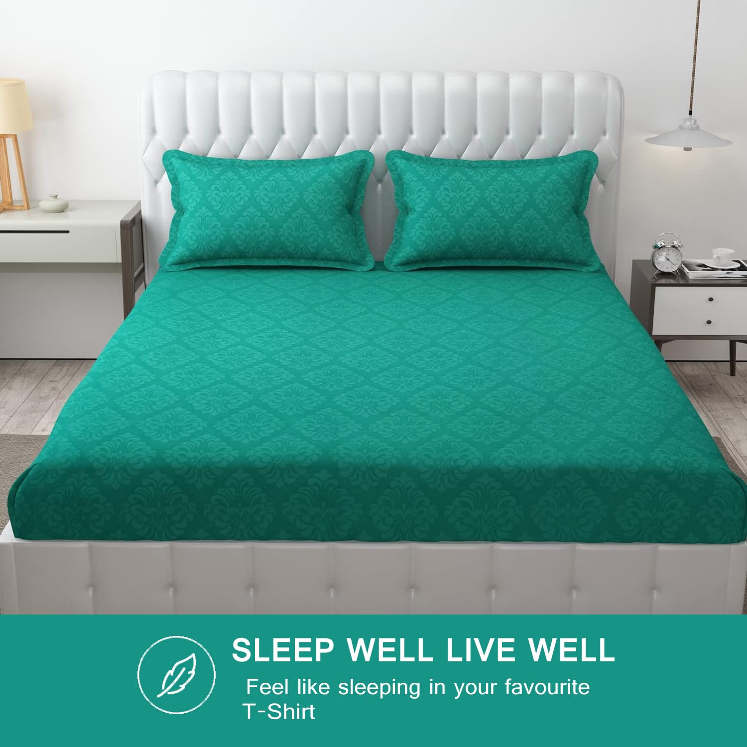 144 TC Rotary Printed King Size Bedsheet With 2 Pillow Covers - 90 X 95 Inches | Sea Green, Damas Design Bedsheet | Machine Washable & Wrinkle Resistant