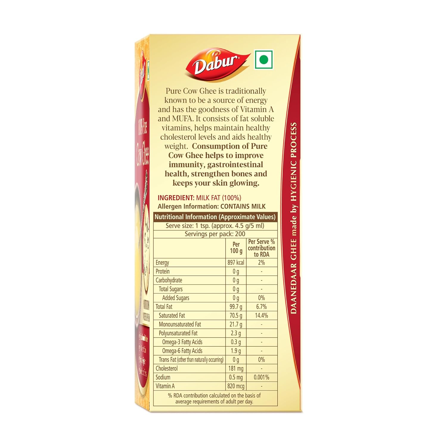 Pure Natural Cow Ghee By Dabur | Naturally Improves Digestion & Boosts Immunity Pure Desi Ghee | (1 Litr) 33.8 Ounce | Box Pack