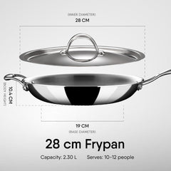 Artisan Triply Stainless Steel Fry Pan With Lid - 2.3 Liters, 28 Cm | Induction & Gas Stove Compatible