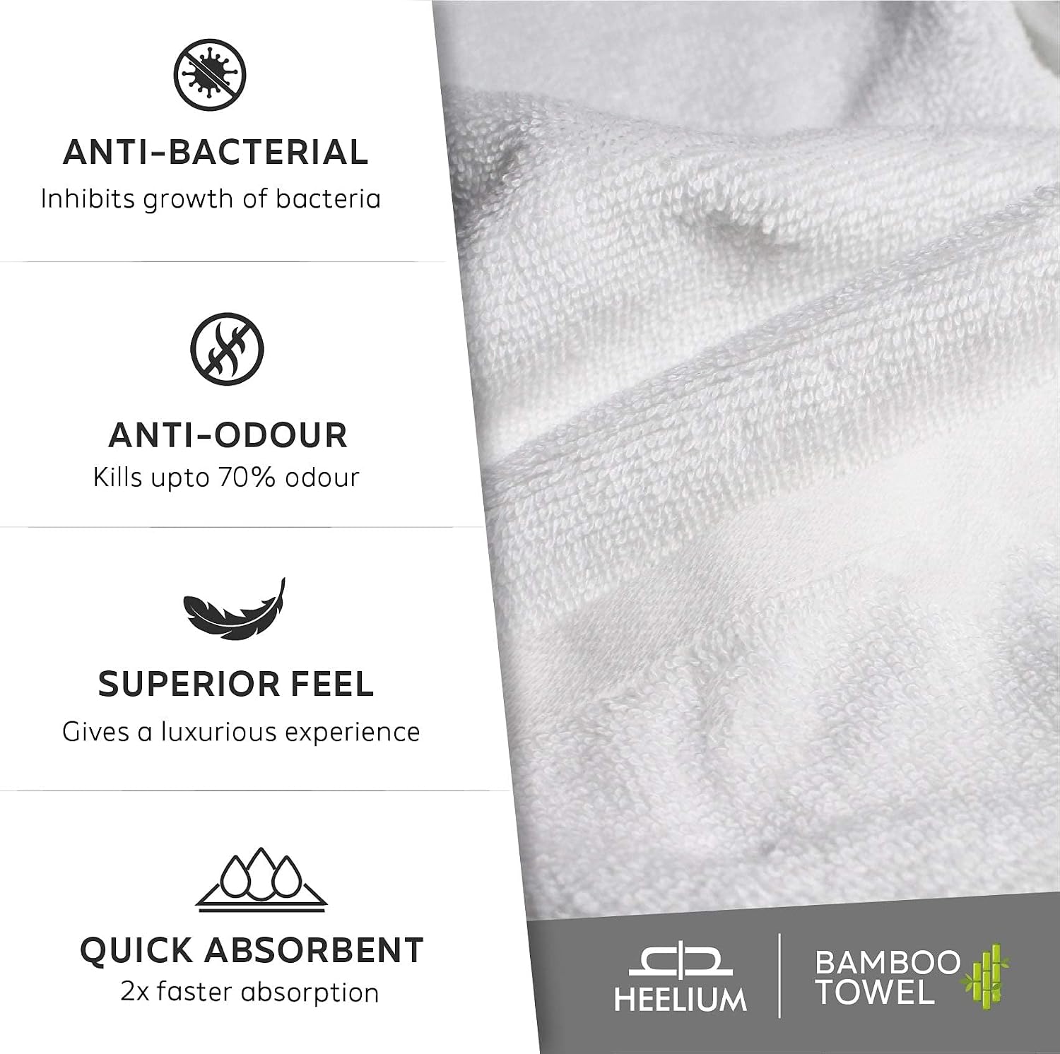 Heelium Bamboo Towel Set Bath, Hand & Face Towel 900 Gsm | Super Soft & Antibacterial Towel (White) - 3 Piece