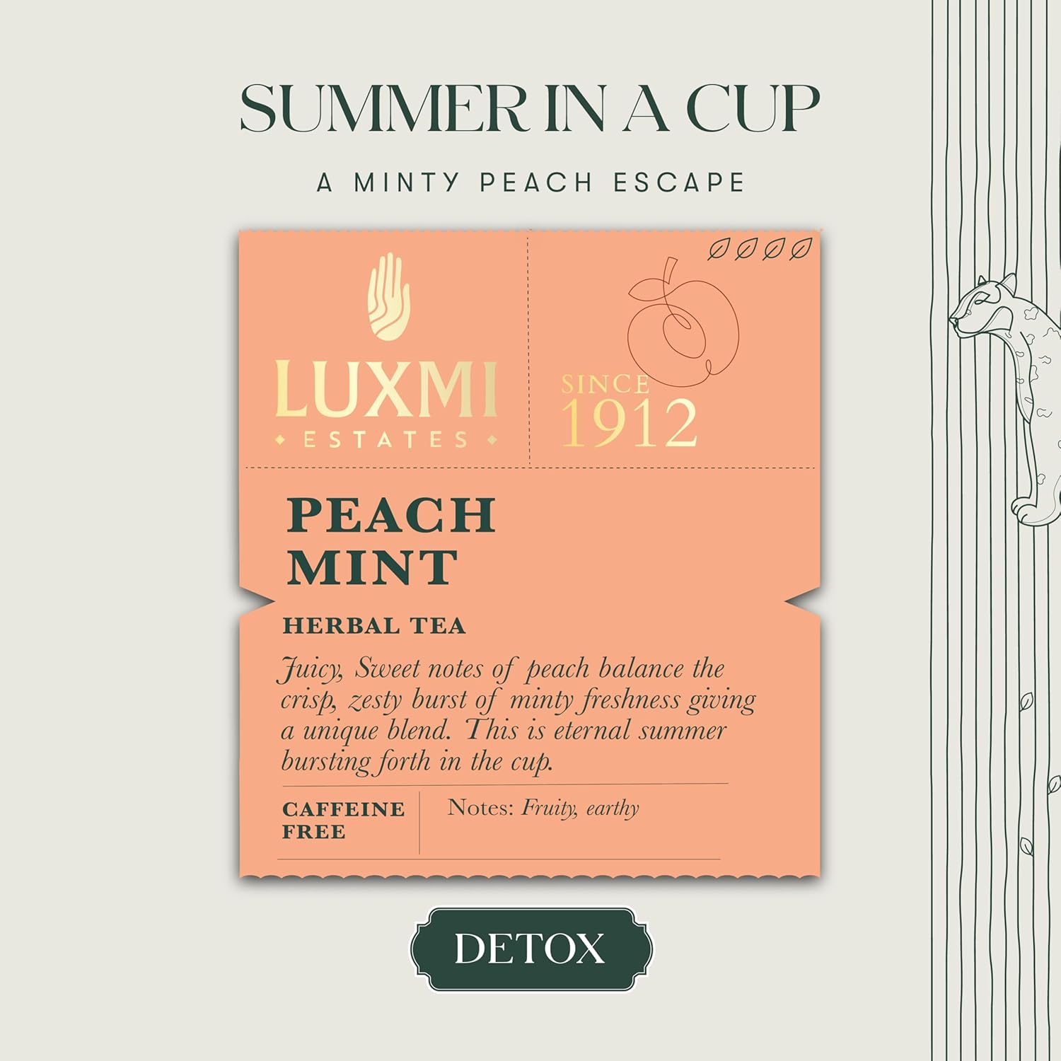 Luxmi Estates Peach Mint Herbal Tea - 100gm Tin Caddy, 3.5 Ounce, 50 Cups | USDA Certified Organic Tea - Caffeine Free Herbal Tea | Rich In Antioxidants, Additives Free