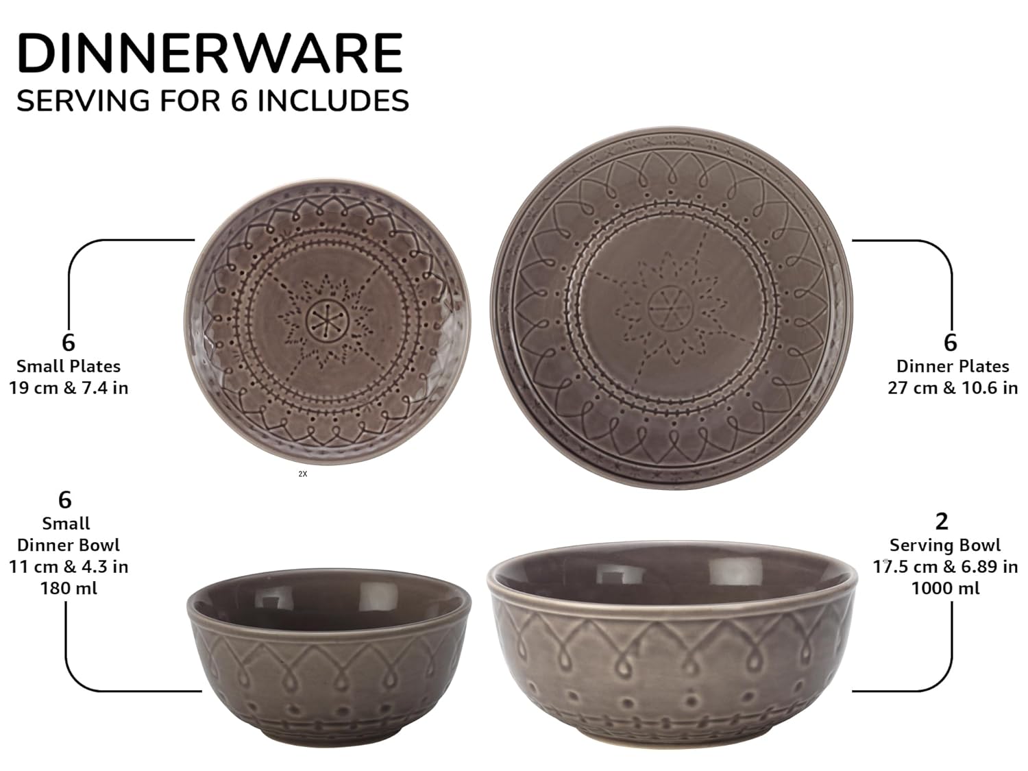 Handcrafted Stoneware Embossed Ceramic Dinner Set Of 20 Pcs With Serving Bowls Set - Ash Grey | 6 Dinner Plates+ 6 Small Plates+ 6 Small Dinner Bowls, 180ml Each+ 2 Serving Bowl, 1000ml Each