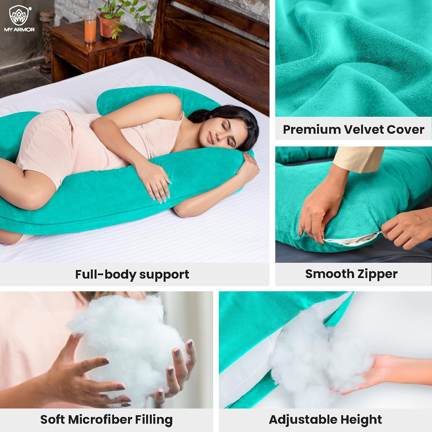 Full Body C Shape Pregnancy Pillow For Women, Maternity Pillow, Aqua Green | Pillow Gift For Pregnancy Sleeping, Premium Velvet Cover With Zip | Adjustable, Relieves Pain, Multipurpose