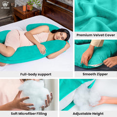 Full Body C Shape Pregnancy Pillow For Women, Maternity Pillow, Aqua Green | Pillow Gift For Pregnancy Sleeping, Premium Velvet Cover With Zip | Adjustable, Relieves Pain, Multipurpose