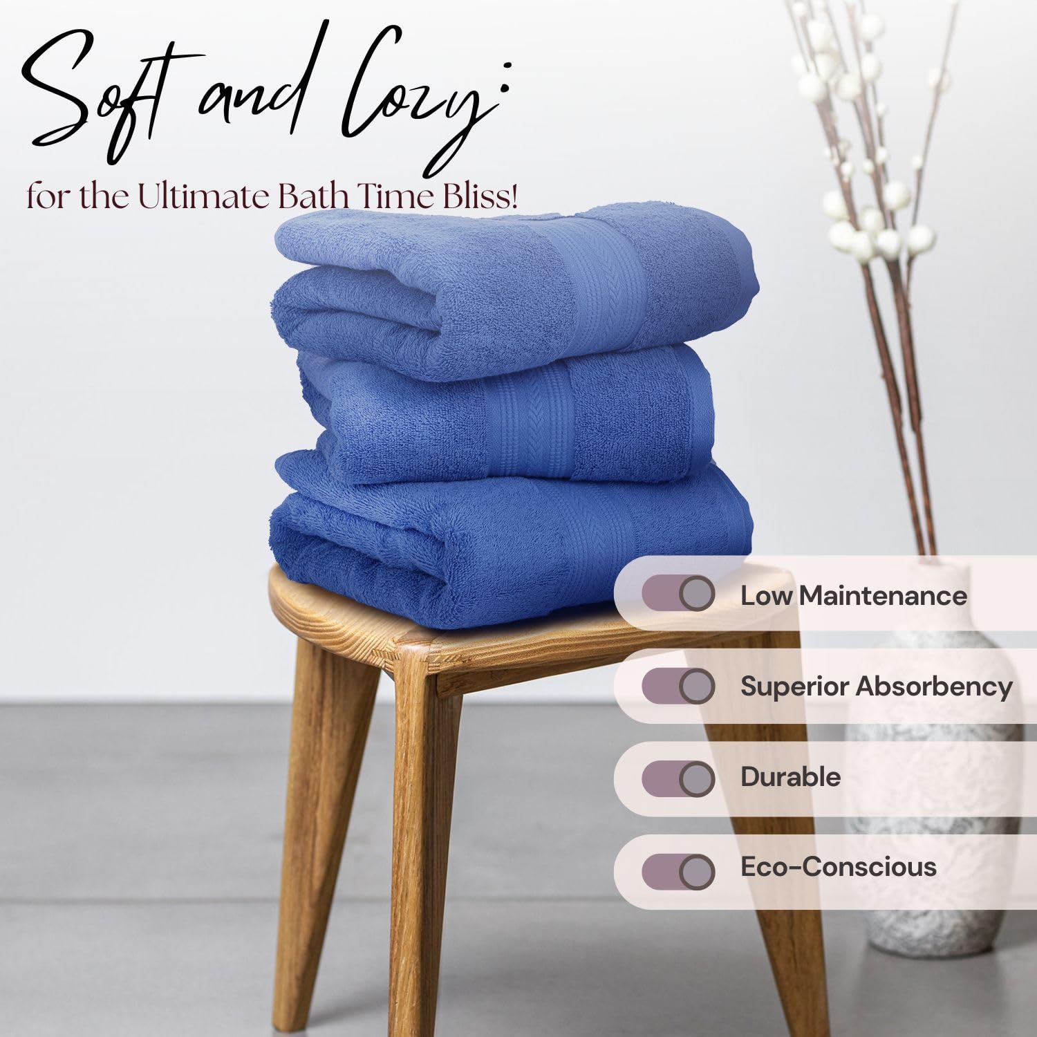 Himeya 100% Cotton Bath Towel 1400 Gsm | Bath Towel For Men & Women - Blue (3 Piece)