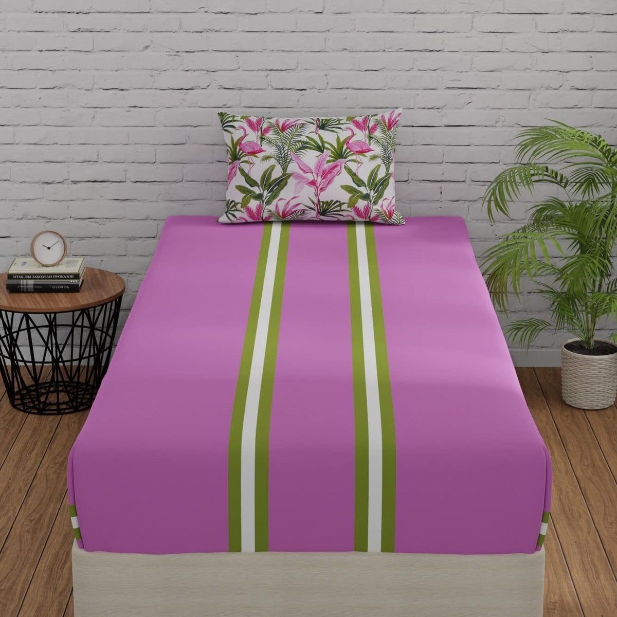 Single Bedsheets With 1 Pillow Cover - 55 X 88 Inches, Stripes & Flamingos Pink & Green | Soft & Breathable Fabric | Comfortable For Daily Use