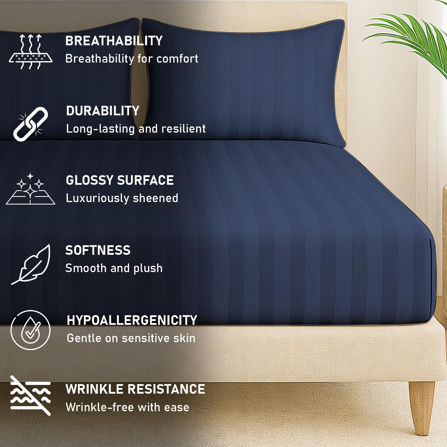 Elastic Fitted Bedsheet For Queen Size With 2 Pillow Covers | 60 X 78 Inches, Navy Blue - Soft & Comfortable Ideal For Guest Room, Hotel