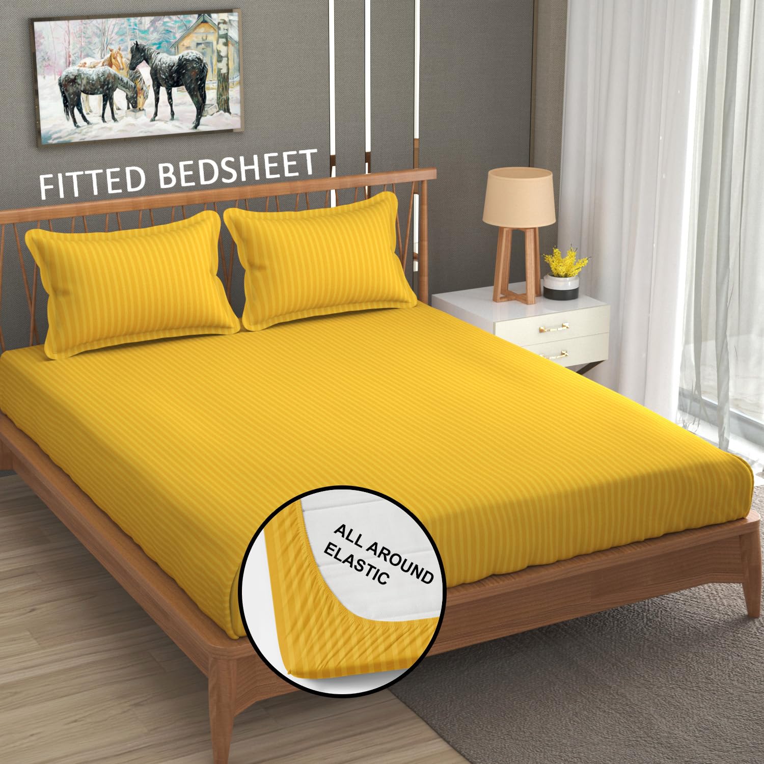 Cotton Elastic Fitted King Size Double Bed Bedsheet With 2 Pillow Covers - 72x78x6 Inches, Yellow | Durable Bedsheets For Everyday Comfort