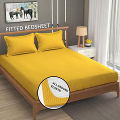 Cotton Elastic Fitted King Size Double Bed Bedsheet With 2 Pillow Covers - 72x78x6 Inches, Yellow | Durable Bedsheets For Everyday Comfort