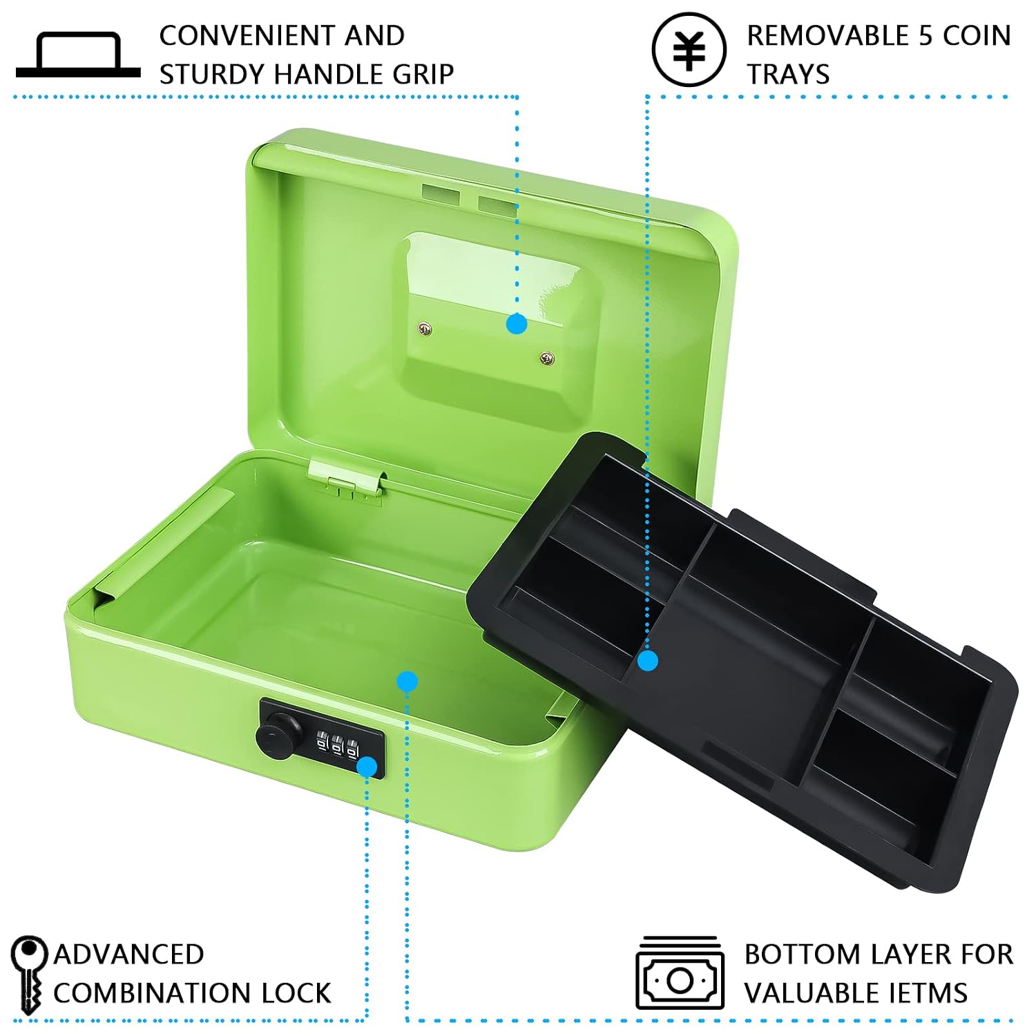 Large Cash Box With Combination Lock Safe Metal Money Box With Money Tray For Security Lock Box 9.84"X 7.87"X 3.54" Colour - Limegreen