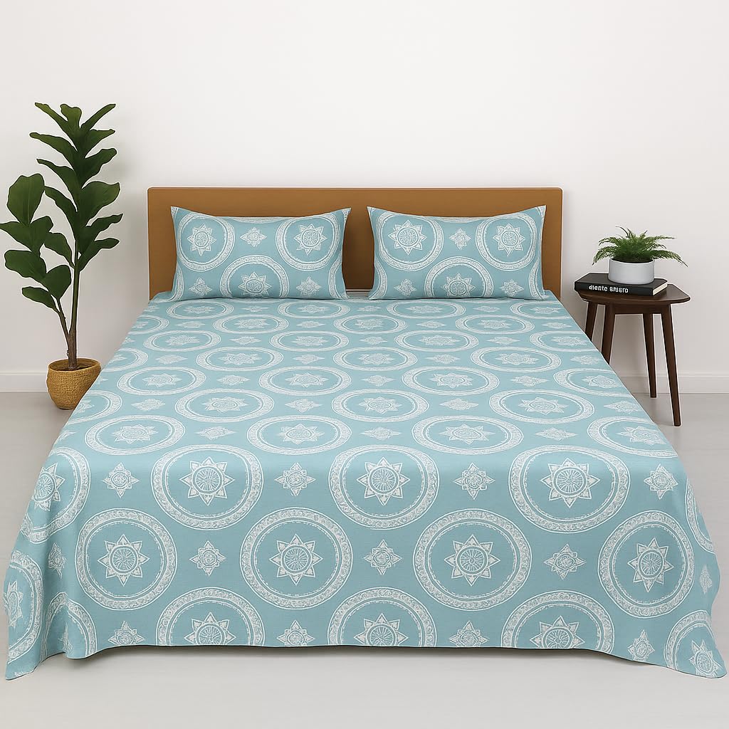 Microfiber Printed King Size Bedsheet With 2 Pillow Cover - 90 X 100 Inches, Sky Blue | Hotel Luxury Bedding Wrinkle Free | Ultra Durable & Easy Care
