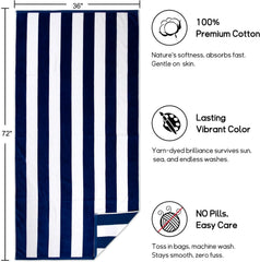 Tiqh Organic Cotton Highly Absorbent & Quick Dry Extra Large Beach Oversized Towel, Cabana Stripe Beach, Bathroom Towel 500 Gsm (Blue)