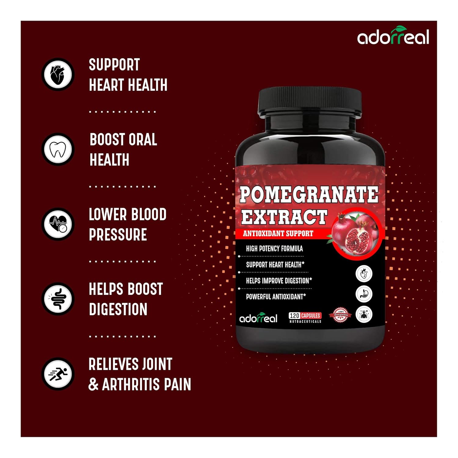 Adorreal Pomegranate Fruit Extract, Rich In Antioxidants For Healthy Body, Helps To Fight Against Harmful Free Radicals | 120 Capsules 150gm 0.3lbs