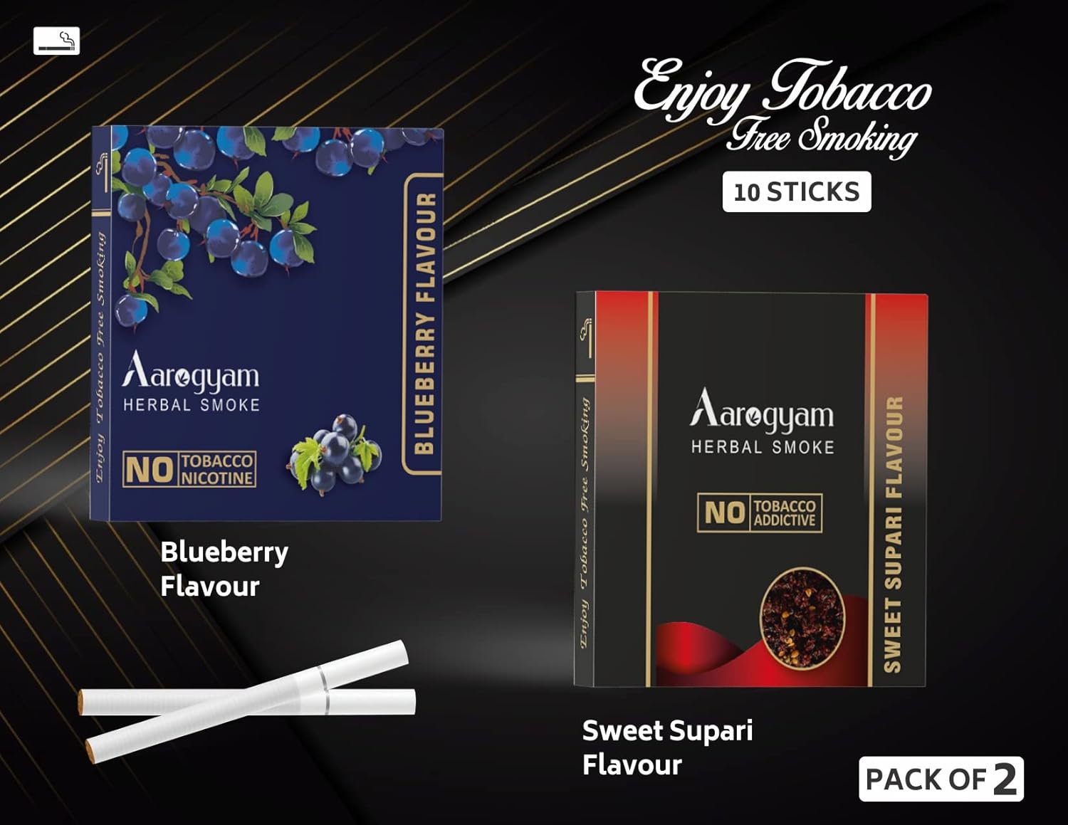Aarogyam Herbals Pack Of 2 Flavours 100% Tobacco & Nicotine Free Cigarette For Relieve Stress & Mood Enhance Product Sweet Supari - Blueberry - 10 Sticks X 2 Packets