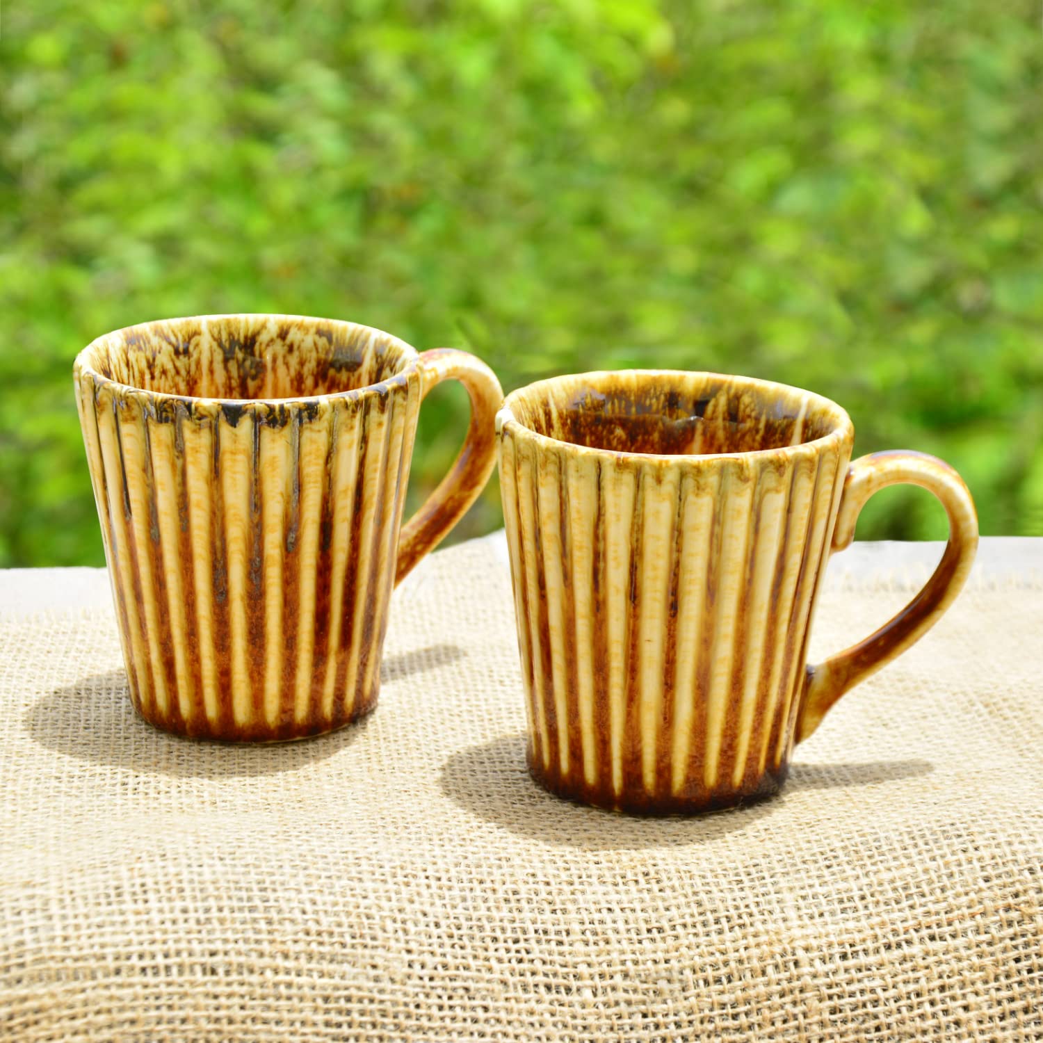 Ceramic Ribbed Coffee Mugs Set Of 2 - 300ml Each, Brown | Milk Mugs - Chai Cups - Tea Cups & Mugs