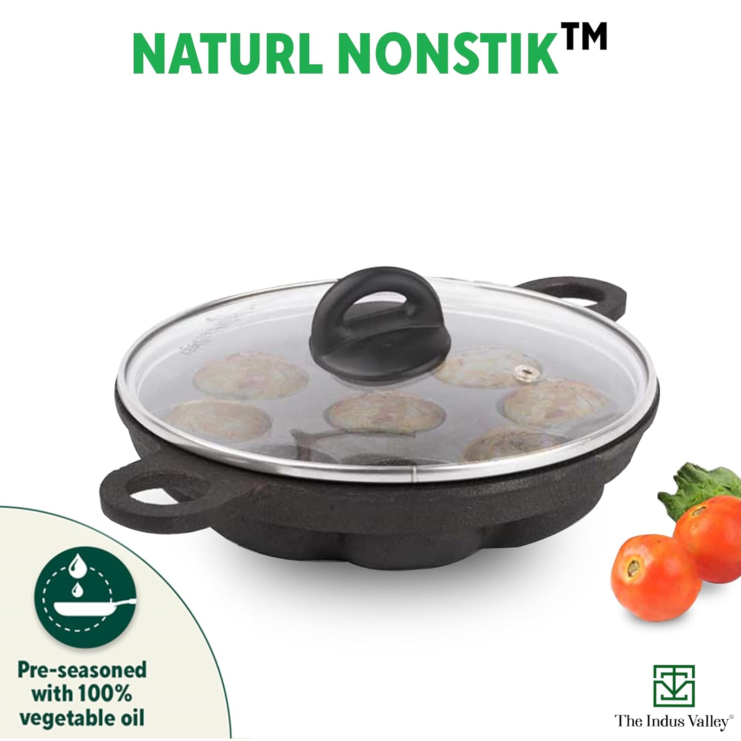 Super Smooth Black Cast Iron Paniyaram Pan With Glass Lid - 9 Pit, 20.8 Cm, 8.2 Inch, 2.7 Kg | Gas Compatible, Pre-Seasoned, 100% Toxin-Free, Naturally Non-Stick, Long Lasting