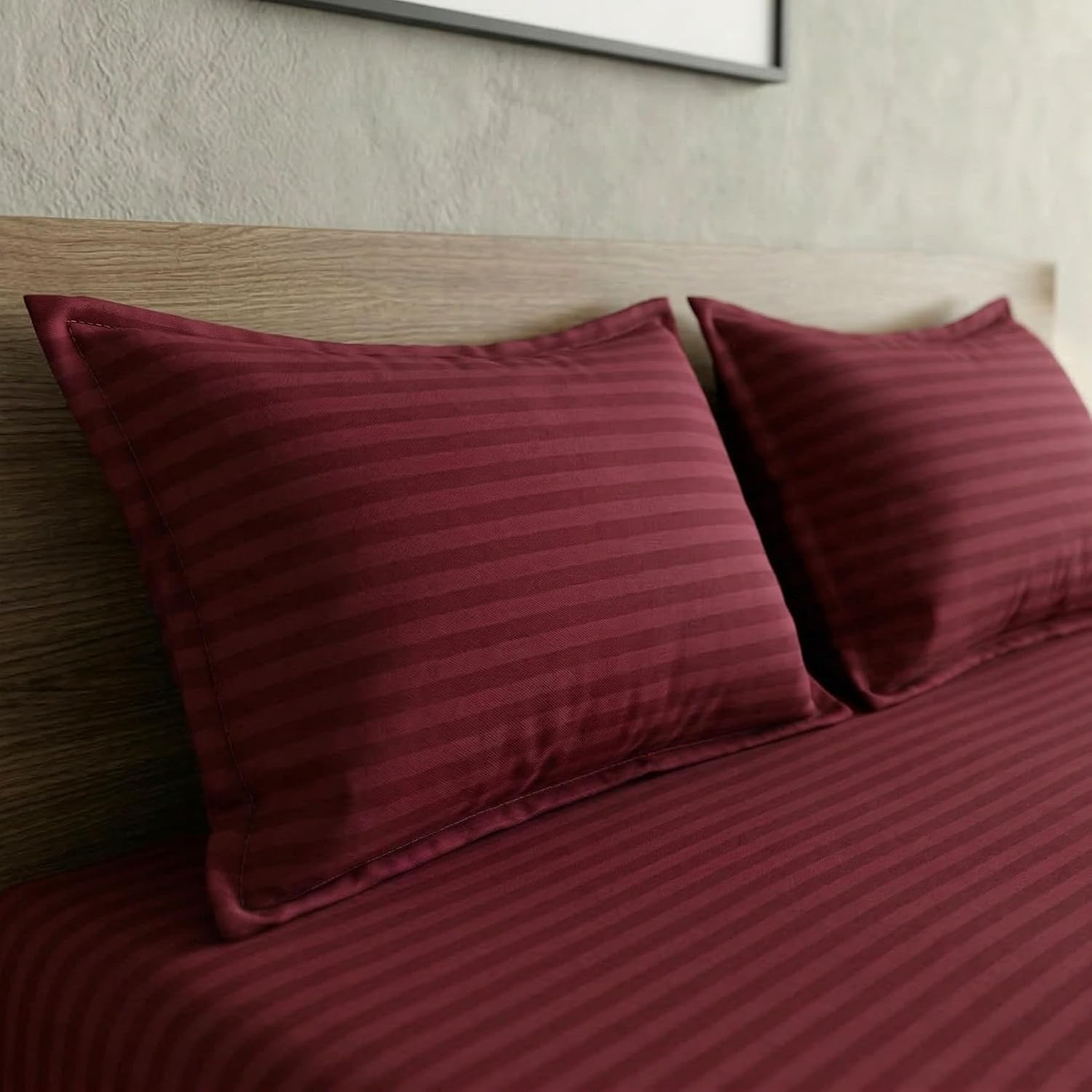 Maroon Satin Stripe Elastic Fitted Double Bedsheet (72x78 Inches) With 2 Pillow Covers | Soft To Touch & Comfortable | 300 Thread Count