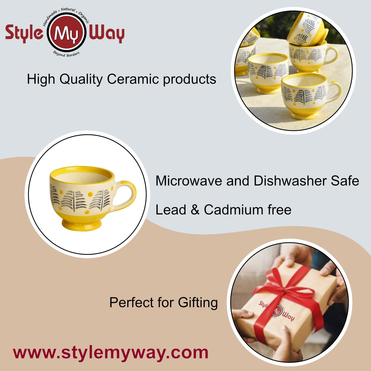 Hand Painted Ceramic Cup Set Of 6 - Yellow & Black, 150ml Each | Microwave Safe Tea Cups & Mugs - Chai Cups