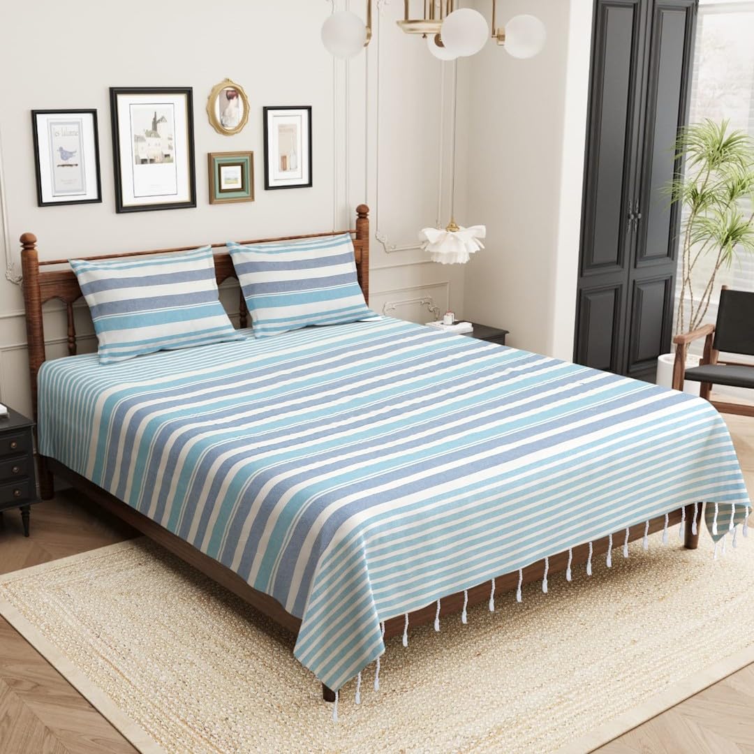 210 TC Double Bedsheet With Two Pillow Cover - Queen Size 90 X 100 Inches, White & Blue | Handloom Cotton Bedsheets For Double Bed | All Season Comfort