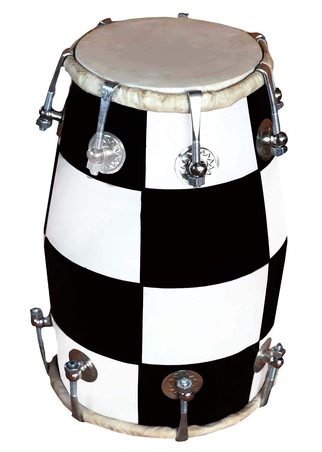 Handmade Mango Wooden 14" Baby Dholak Nut & Bold With Beautiful Check Design - Black & White Color | Goat Skin On Both Side