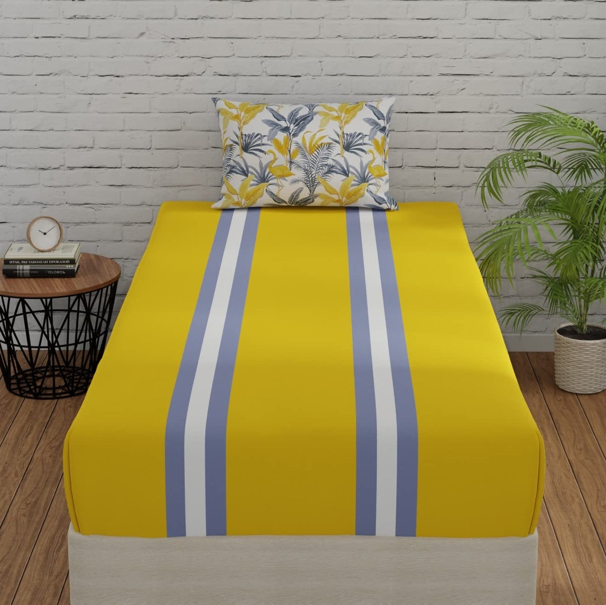Single Bedsheets With 1 Pillow Cover - 55 X 88 Inches, Stripes & Flamingos Yellow & Grey | Soft & Breathable Fabric | Comfortable For Daily Use