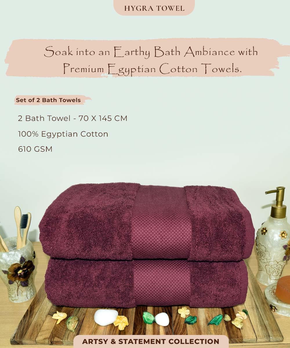 Rangoli Soft Absorbent Durable Towels Earthly Egyption Cotton Plush Luxurious Large Size Bath Towel 1000 Gsm (Maroon)- Pack Of 2