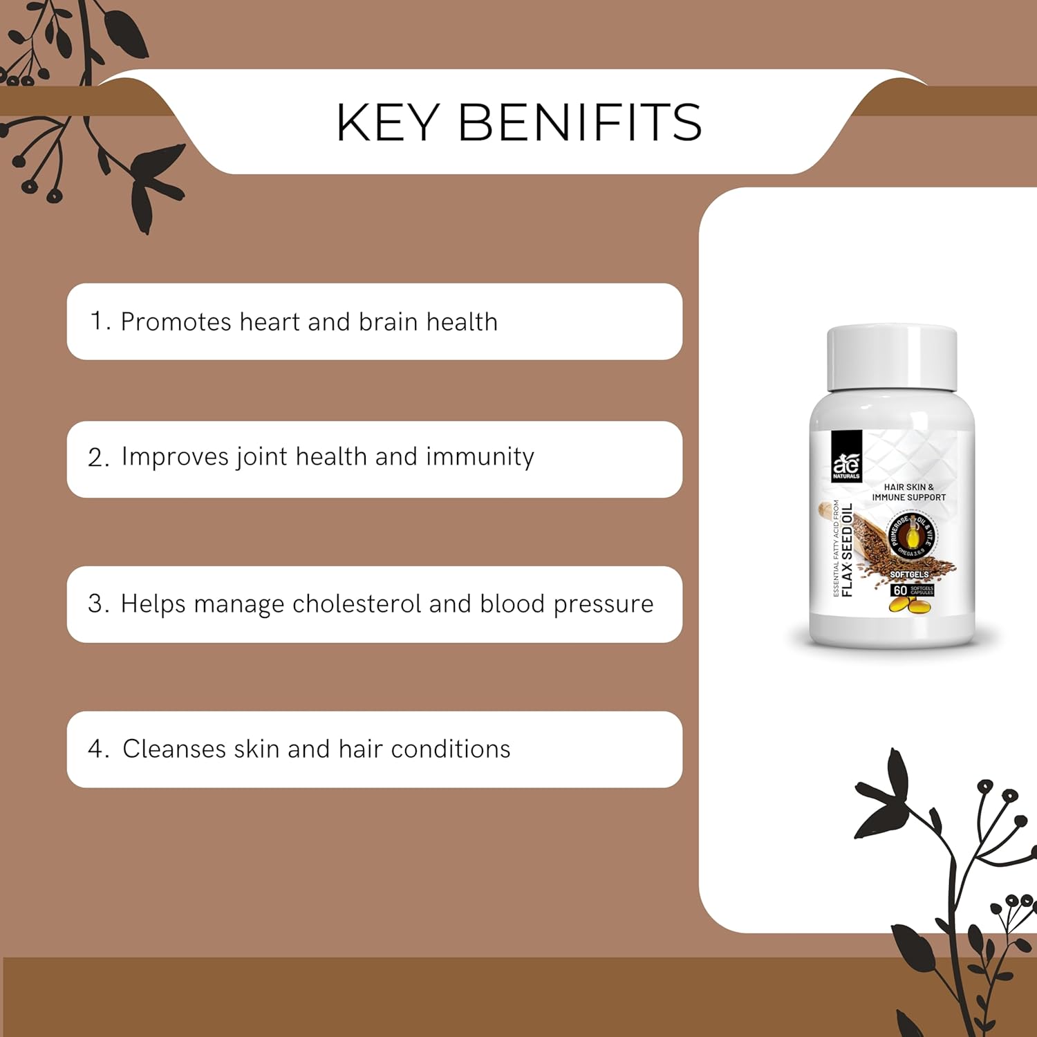 Ae Naturals Flaxseed Oil Capsules With Omega - 3 6 9 & Vitamin D3, Healthy Skin, Heart & Immunity Booster | 60 Capsules 100gm 0.2lbs