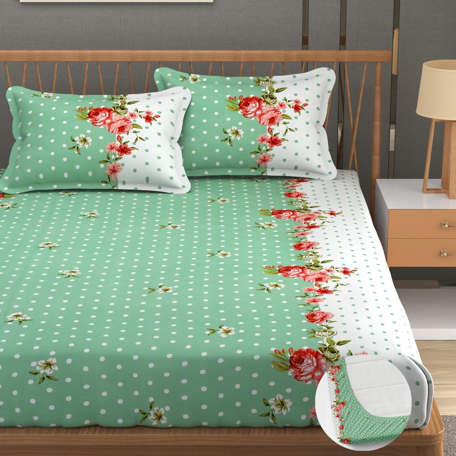 Premium Heavy Cotton Elastic Fitted King Size Bedsheet With 2 Pillow Covers - 72 X 78 X 10 Inches, Green & White | All Weather Comfort & Bedroom