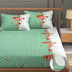 Premium Heavy Cotton Elastic Fitted King Size Bedsheet With 2 Pillow Covers - 72 X 78 X 10 Inches, Green & White | All Weather Comfort & Bedroom