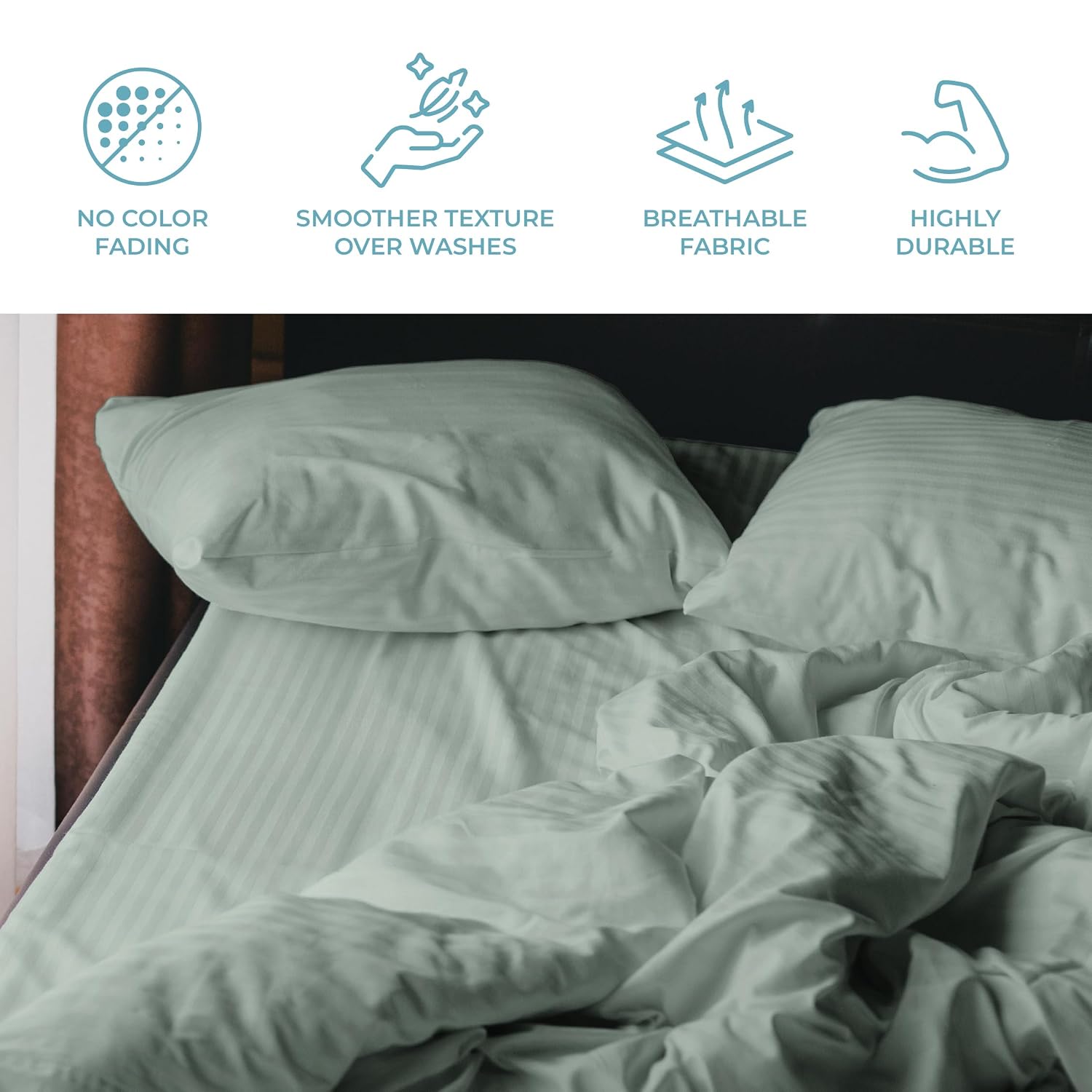 Stripe Cotton Fitted King Bedsheet With 2 Pillow Covers - 72x78 Inches, Sage Green | 12"Deep Pocket-1 Elastic Fitted-Sateen Weave Premium Bedding Set For Double Bed