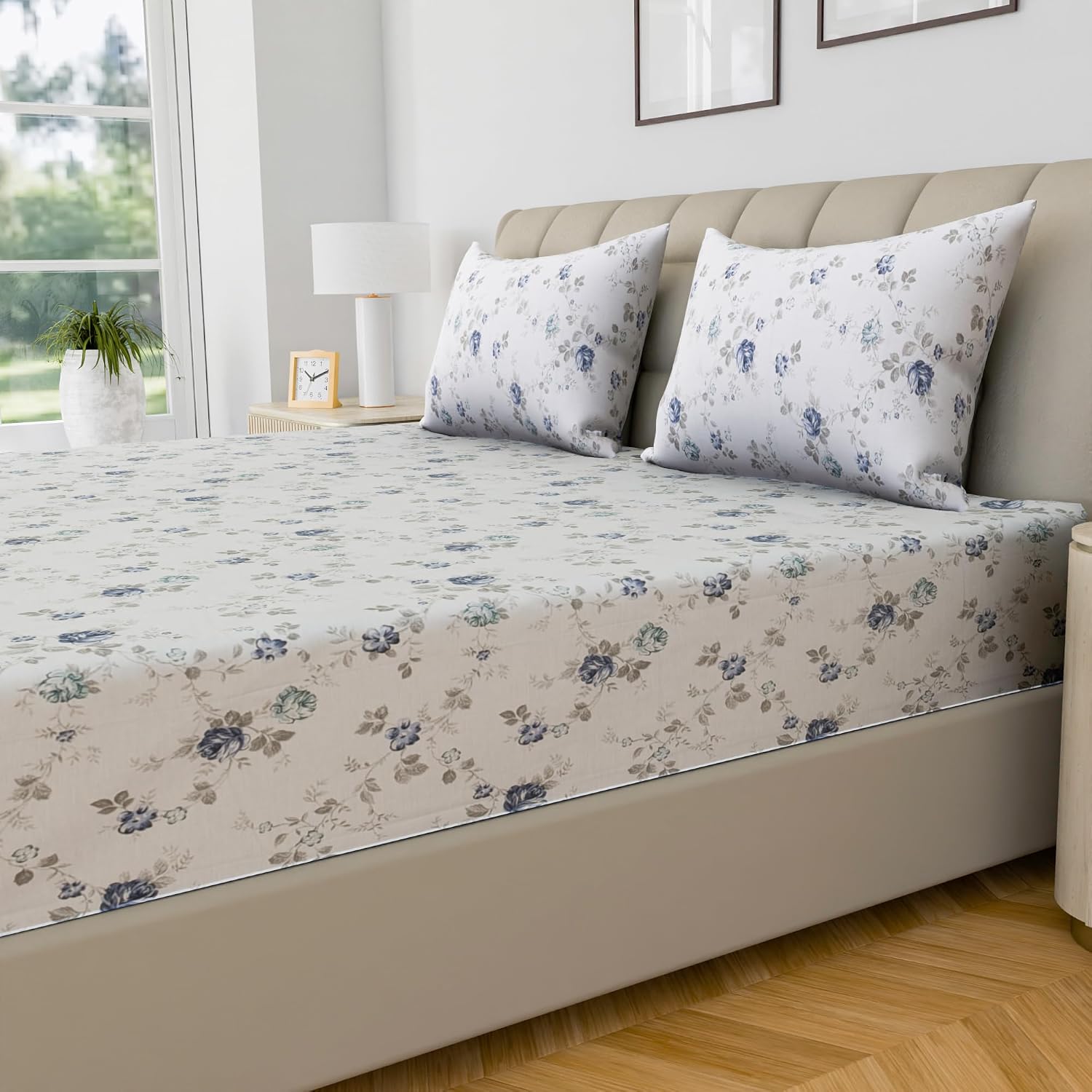 Luxury Bedsheet Queen Size With 2 Pillow Cover - 60 X 78 Inches, White & Blue | Printed All Around Elastic Fitted Bedsheet | Durable & Fade-Resistant