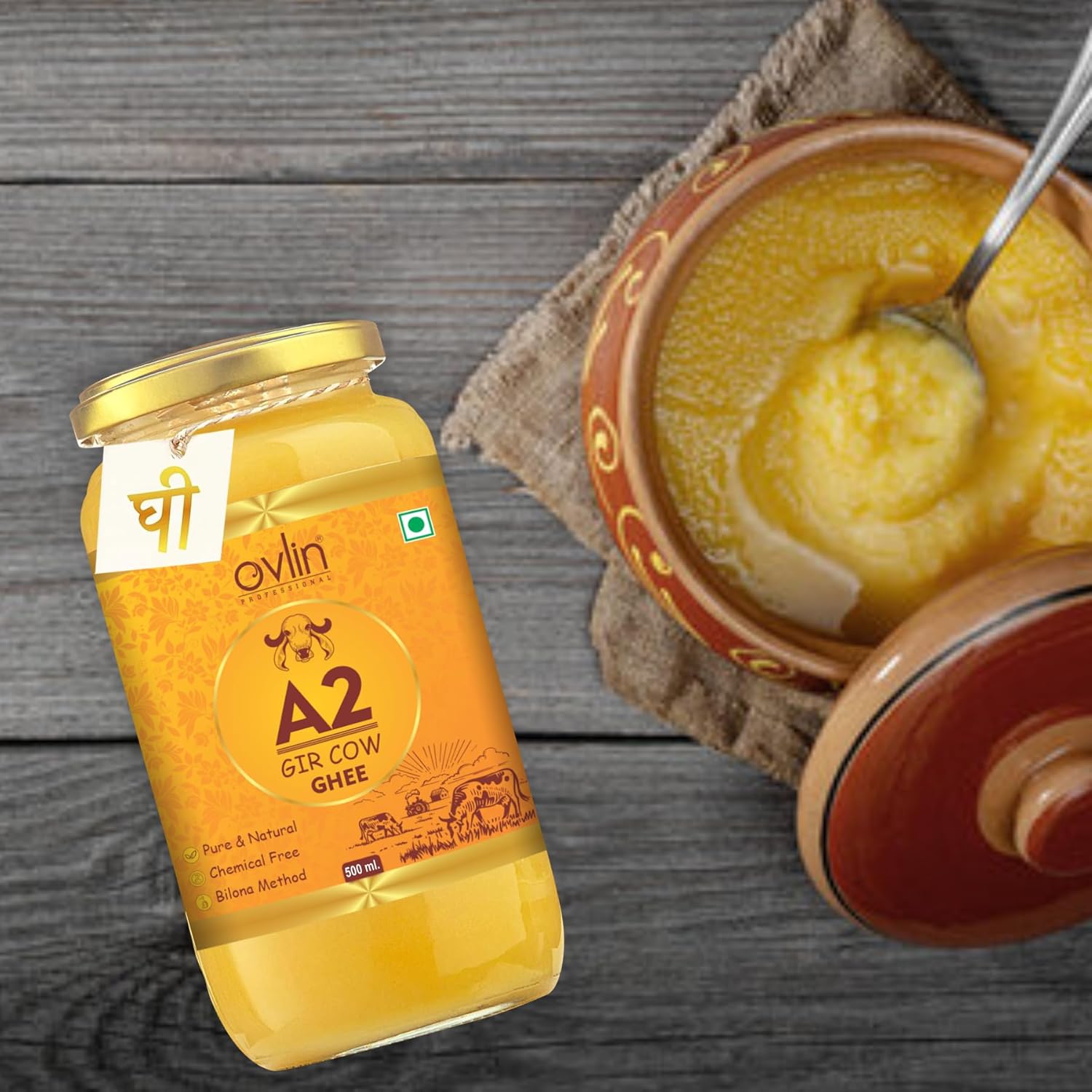 Pure Natural A2 Gir Cow Ghee By Ovlin Professional | Rich In Nutrients & Vitamins Healthy Desi Ghee Good For Dishes | 1 Litre (500ml * 2) 33.8 Ounce | Jar Pack