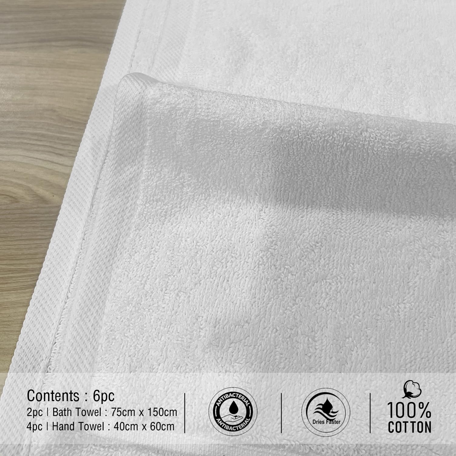 The Veloure Hotel 2 Bath & 4 Hand Towel 1800 Gsm | Pure Cotton, Super Soft, Anti Microbial Towel - Set Of 6 (White)