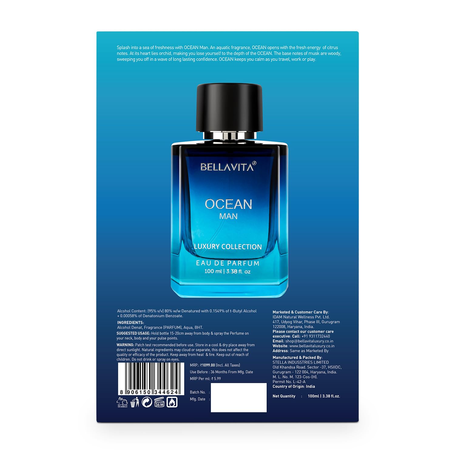 Bella Vita Luxury Ocean Man Eau De Parfum 100ml 3.4 Fl.oz. Luxury Collection | Long Lasting