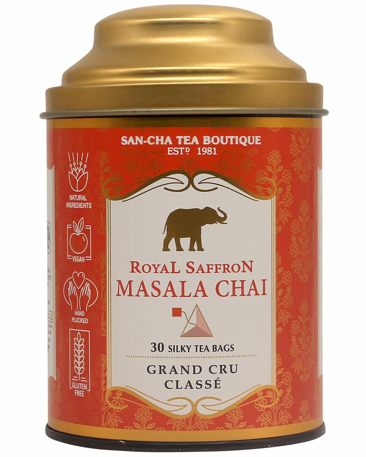 San-Cha Tea Boutique Royal Saffron Masala Chai - 60gm, 2.1 Ounce, 30 Silky Pyramid Tea Bags | Blend Of Real Kashmir Saffron With Cardamom - Ginger & Cinnamon Kesar Chai | Medium Caffeine